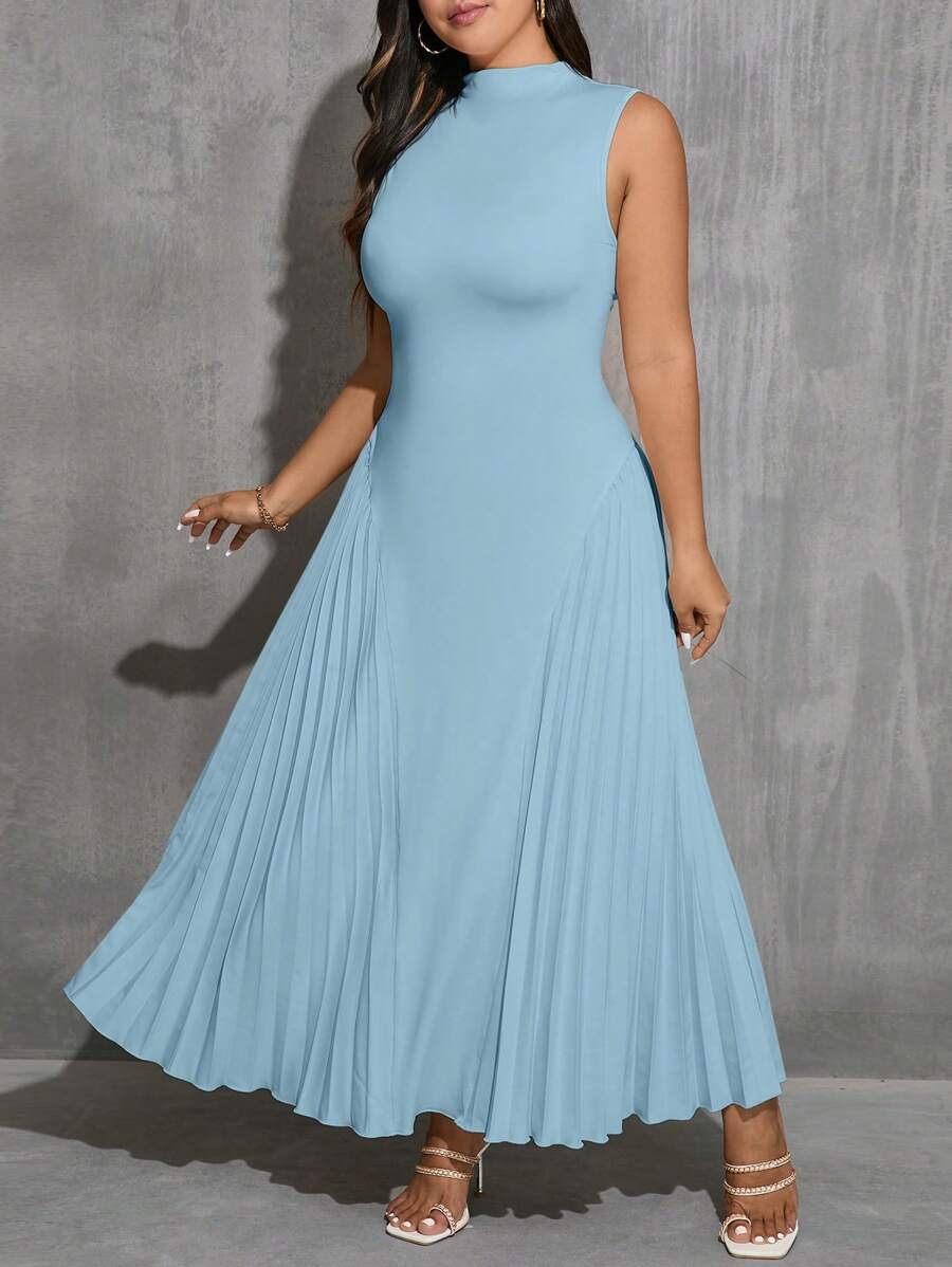 SHEIN Privé 大码女式优雅夏季假日圆领无袖 A 字形褶皱宽松连衣裙，杏色 - 淺藍色 - 查看 1