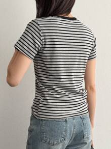 DAZY 女士夏季新款条纹圆领休闲商务短袖 T 恤