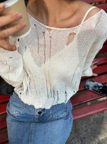 Chiquease Women's Casual Solid Color Short Hollowed-Out Knit Sweater