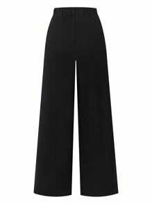 SHEIN Clasi 2pcs/Set Women Casual Contrast Color Cap Sleeve Shirt & Wide Leg Pants - Black and White - View 3