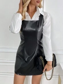 SHEIN EZwear Leather Mini Dress, Minimalist Style, Casual For Everyday Wear