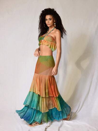 JIAN LASALA 女士多色半身裙波西米亚风渐变色、拼色、全印花、分层、荷叶边、露背夏季服装女士夏季半身裙度假服装外出