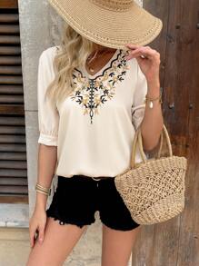 Chiquease V-Neck Embroidered Short Sleeve Casual & Commute Versatile Shirt - Apricot - View 1