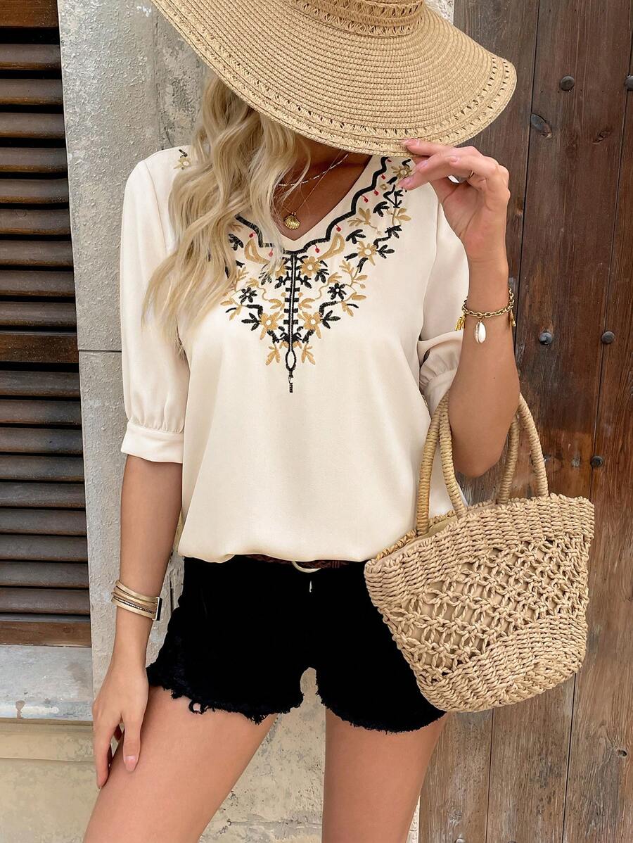 Chiquease V-Neck Embroidered Short Sleeve Casual & Commute Versatile Shirt - Apricot - View 1