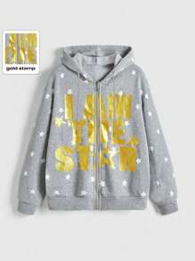 ROMWE Kawaii Sudadera con capucha y cremallera con estampado de estrellas y eslogan en lámina de oro