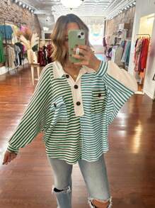 INAWLY Áo thun tay dài in họa tiết sọc cài nút phía trước dành cho nữ, áo thun họa tiết dành cho nữ mùa xuân - màu xanh lá - Xem 1