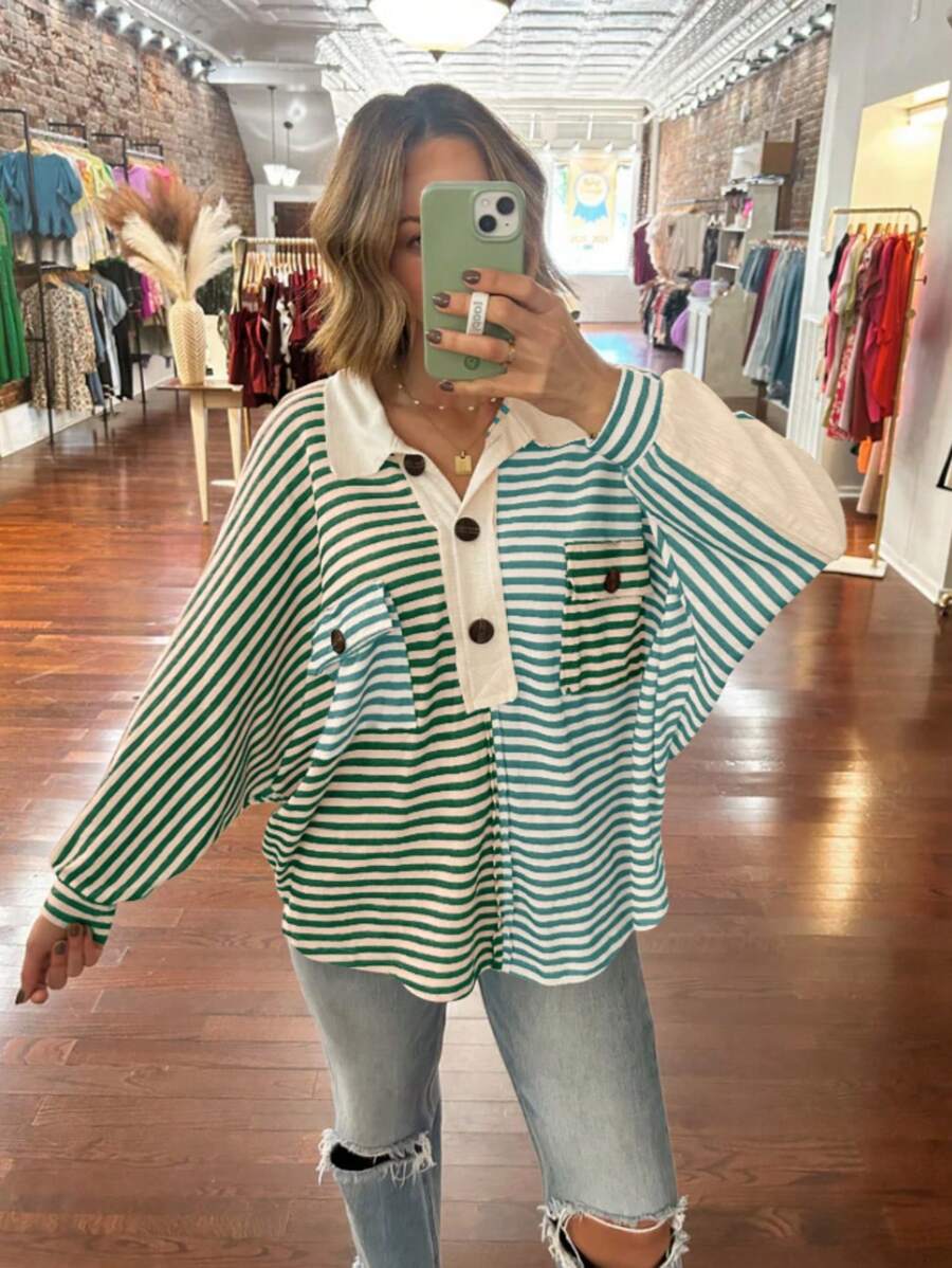 INAWLY Áo thun tay dài in họa tiết sọc cài nút phía trước dành cho nữ, áo thun họa tiết dành cho nữ mùa xuân - màu xanh lá - Xem 1