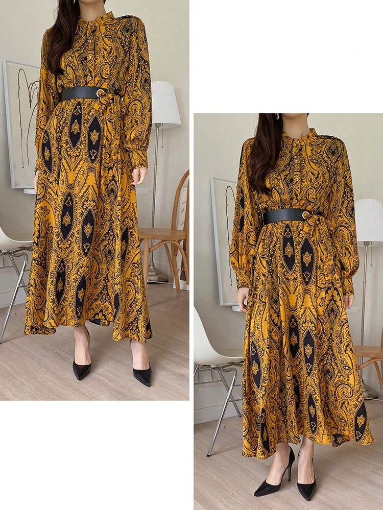 French Elegant Vintage Floral Chiffon Dress For Women, Fashionable Style Boho,Fall Dress Long Sleeve Dress
