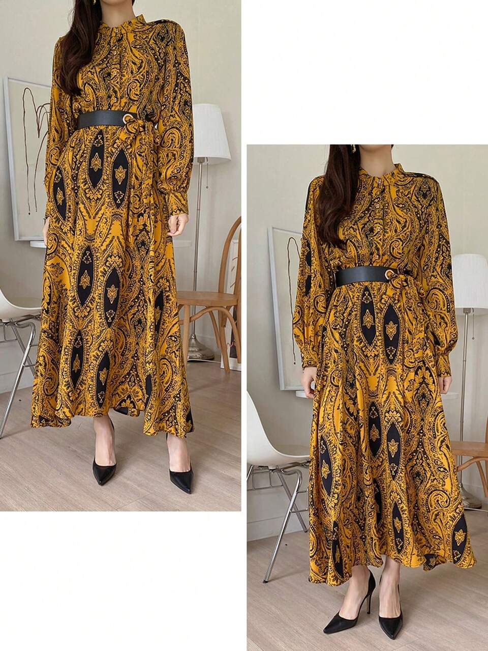 French Elegant Vintage Floral Chiffon Dress For Women, Fashionable Style Boho,Fall Dress Long Sleeve Dress