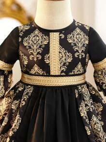 SHEIN Babygirl Glamorous Elegant Cute Gold Pattern Short Sleeve Dress - Black - View 7