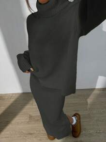 SHEIN Unity 2pcs Casual Solid High Neck Side Slit Sweater And Skirt Set - Dark Grey - View 6