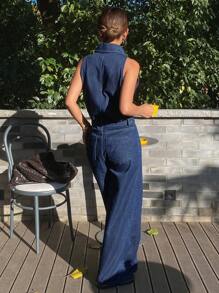 Livesso Women Sleeveless Shirt & Denim Pants Outfit - Dark Wash - View 3