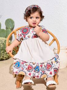 SHEIN Vestido de manga corta con estampado floral para bebé niña, para primavera/verano - Beis - Ver 4