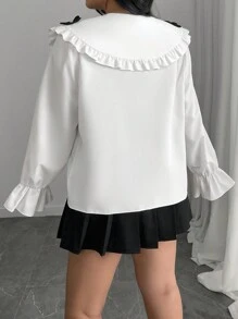 Celure Plus Size Elegant Blouse With Large Lapel, Rivet Cuff, Ruffle Trim