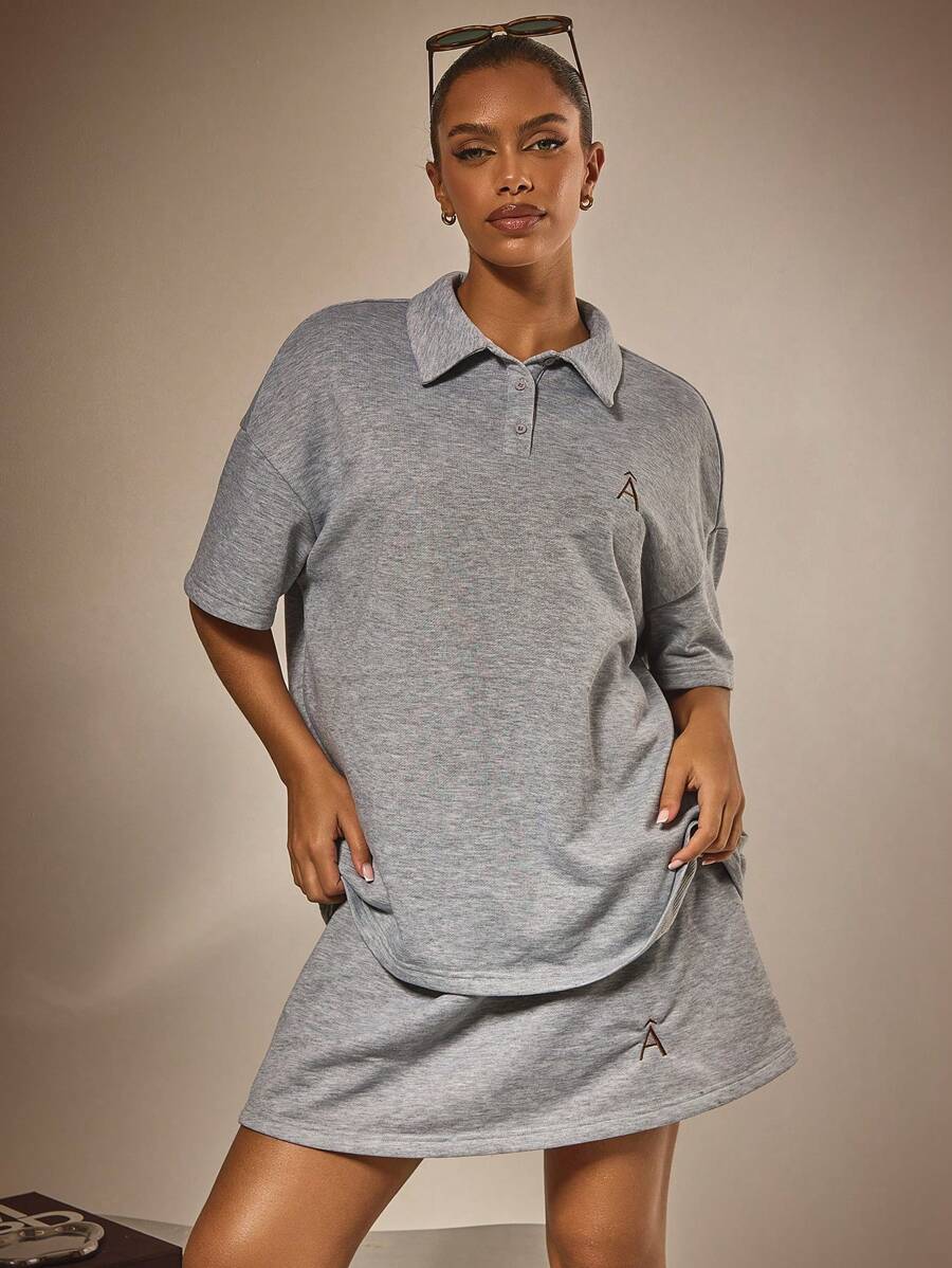 Athîral 2 件套女士休闲前扣短袖上衣和迷你裙套装 - 灰色 - 查看 1