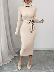 Selianne Váy len dệt kim cổ lọ bó sát thanh lịch dành cho nữ có chi tiết nơ - Màu be - Xem 8