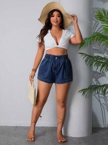 Breezaya Pantalones cortos vaqueros holgados con cintura elástica y bolsillos para mujeres de talla grande