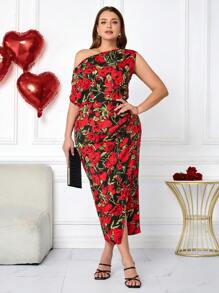 SHEIN Clasi Große Größen Kleid mit asymmetrischem Ausschnitt, Blume Muster, Wickeldetails und Schlitz, Outfit für Valentinstag - Verschiedenfarbig - Übersicht 3