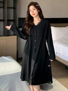 DAZY Women's Long Sleeve Loose Lace Patchwork Open Front Knitted Nightgown Pajama - Black - View 1
