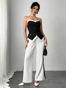Chiquease 2pcs/Set Colorblock Sleeveless Tank Top And Straight Leg Belted Pants Set - Black and White - View 6