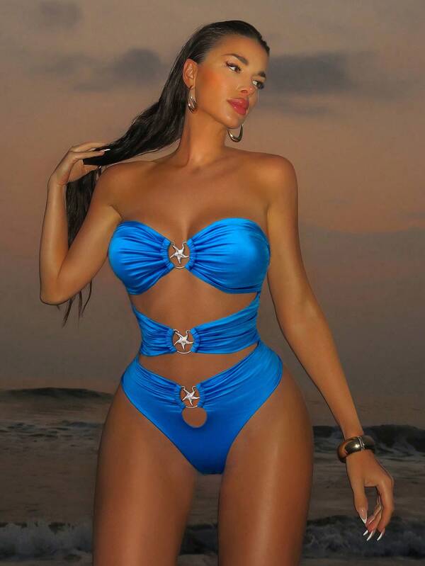 Swim SXY One Piece Swimsuit With Detachable Straps, Shiny Fabric, Hollow Design, Metal Starfish Detail, Vacation Summer