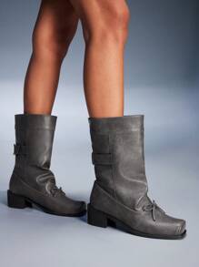 CUCCOO GRLICON 女式中筒靴，Y2K 风格，朋克摇滚，机车风，酷女孩装，适合万圣节、圣诞节和派对 - 黑色 - 查看 5