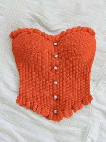 Soleia Women's Button Decor Casual Ruffle-Trim Knit Tube Top - Orange - View 3