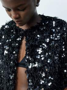 Maija Chaqueta urbana casual, versátil para usar a diario, en fiestas u ocasiones festivas, de manga media, cuello redondo, de material de lentejuelas negras, de corte holgado, adecuada para todas las estaciones, para mujeres
