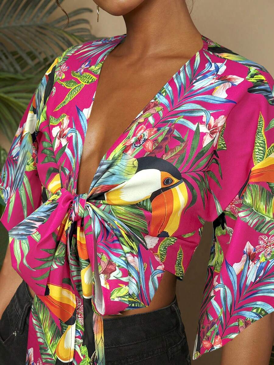 Travachic Áo sơ mi nữ buộc dây phía trước dệt cho kỳ nghỉ hè, lễ hội Rave, áo sơ mi nữ thường ngày, áo crop top kiểu Hawaii, áo cánh mùa hè - Màu Hồng Tươi - Xem 1