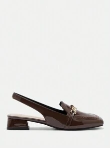 CUCCOO BIZCHIC Coffee Brown Patent Leather Shiny Chain Strap Low Heel Square Toe Flats, Fashion Casual Commuting, Dating, Party, Holiday Shoes For Women Spring Shoes Spring Break Easter For Christmas Spring Shoes - Coffee Brown - View 6