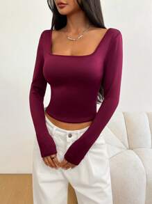 SHEIN EZwear Blusa de cuello alto de punto grueso y acanalado, elástica, de manga larga, en color burdeos, con estilo y sensualidad, para otoño/invierno
