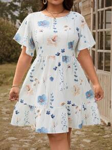 SHEIN LUNE Plus Size Round Neck Short Sleeve Floral Print Short Dress Festival Boho Style Holiday Dress, Outdoor Daily Wear Essential Sundress Holiday Wear Women Summer Wear Ladies Dress Elegant - White - View 3