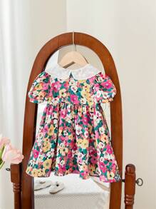 SHEIN LMoss Kids LMoss 女婴夏季可爱花卉印花度假连衣裙 - 紫色 - 查看 2