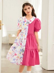 SHEIN 少女宽松休闲简约舒适高领拼布卡通图案短袖荷叶边下摆连衣裙 - 玫紅色 - 查看 6