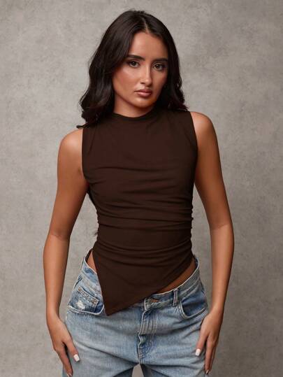 SHEIN BAE Damen Einfarbiges Plissee-Tanktop mit hohem Kragen und asymmetrischem Saum