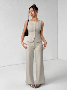 SHEIN PETITE Vestă și pantaloni cu un singur piept de culoare solidă pentru femei Costum de navetă elegant, vară, toamnă, haine pentru femei, set pentru femei, îmbrăcăminte pentru birou, pentru afaceri, casual, pentru femei, ținute în două piese, pentru toamnă, pentru femei, pentru birou, pentru femei, pentru femei, set de blazere - Kaki - Vizualizare 4