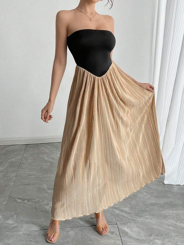 Women's Contrast Color Sleeveless Shiny Ruffle Hem Dress, Suitable For Dating & Formal Occasions In Summer Prom Dress Sundress,Casual Women Dresses