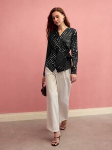 MOTF PREMIUM POLKA DOT WRAP TIE SIDE BLOUSE,SPRING/SUMMER - Black and White - View 1