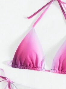 Swim SXY 3pcs/Set Wanita Motif Bunga Ombre Seksi Atasan Bikini Halterneck dan Bawahan Sarung Panjang Musim Panas - MultiWarna - View 9