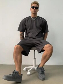 DAZY 2 件装男士灰色基本款短袖 T 恤带拉链装饰短裤套装，夏季服装 - 灰色 - 查看 7