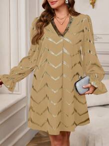 EMERY ROSE Vestido elegante de manga larga con cuello en V y rayas metálicas brillantes, para mujer de talla grande en invierno o Navidad
