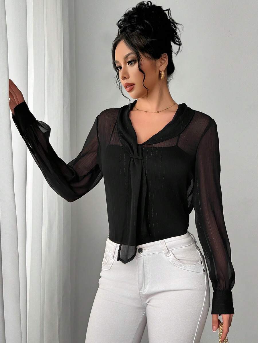 Chiquease 2024 Neue Damen Sexy durchsichtige Schwarze Mesh Chiffon Bluse