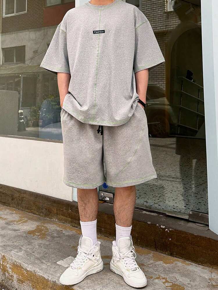 Men's Grey Graphic T-Shirt Set With Decorative Lines, Summer