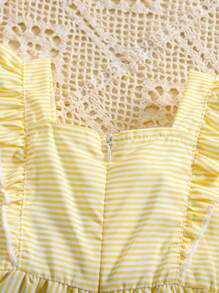 SHEIN Vintaside Kids Mono informal de rayas con volantes, lazo frontal y manga de verano para niña bebé, color amarillo, nueva llegada de primavera/verano