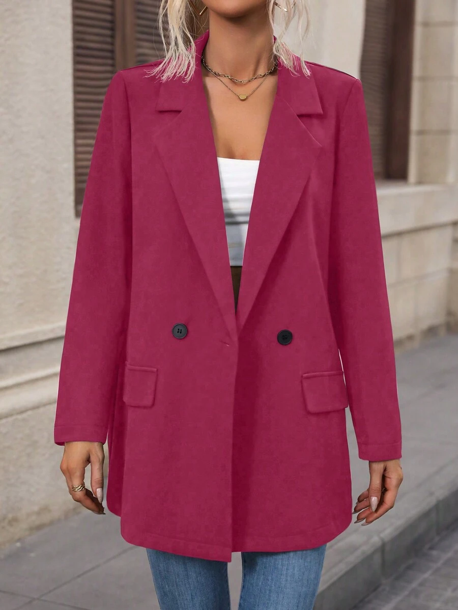SHEIN LUNE Women's Solid Color Notched Collar Double Breasted Long Sleeve Blazer Jacket, Autumn - Hot Pink - View 1
