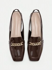 CUCCOO BIZCHIC Coffee Brown Patent Leather Shiny Chain Strap Low Heel Square Toe Flats, Fashion Casual Commuting, Dating, Party, Holiday Shoes For Women Spring Shoes Spring Break Easter For Christmas Spring Shoes - Coffee Brown - View 2