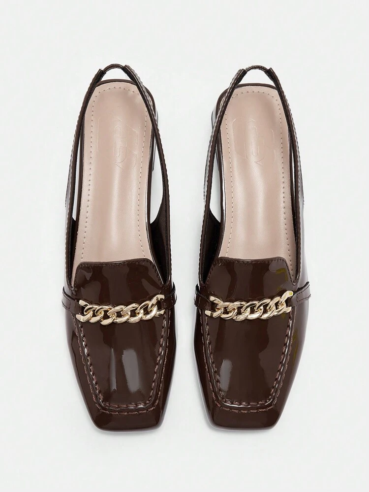 CUCCOO BIZCHIC Coffee Brown Patent Leather Shiny Chain Strap Low Heel Square Toe Flats, Fashion Casual Commuting, Dating, Party, Holiday Shoes For Women Spring Shoes Spring Break Easter For Christmas Spring Shoes