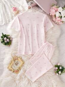 2pcs/Set Girls Loose Comfortable Floral Trim Short Sleeve Top And Pants Casual Homewear Set Cute Pajamas, Little Girl's Pajamas, Floral Style Summer Kids Young Girls Clothing Sets Short Sleeve Young Girls Pajamas Young Girl Easter Little Girls Sets