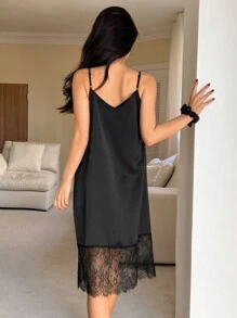 DAZY 女士纯色细肩带蕾丝拼布休闲睡袍睡衣