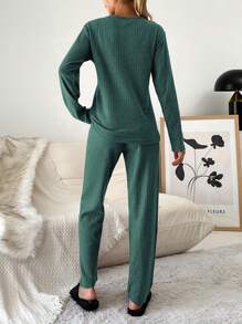 RueChic 100%Cotton Embroidery Cartoon & Letter Pattern Lounge Set - Green - View 2